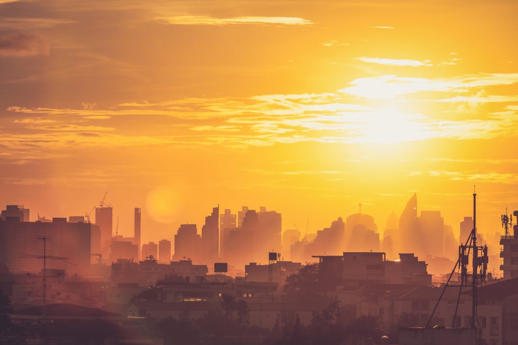 Aerial view of dramatic sunset.