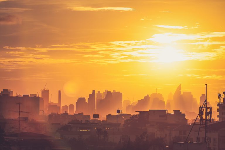 Aerial view of dramatic sunset.
